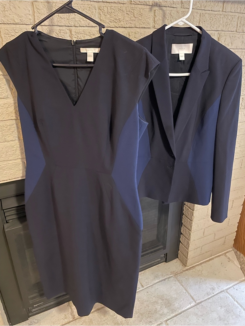 BOSS Two-Tone Navy Ponte Sheath Dress with Matching Blazer, SZ 6